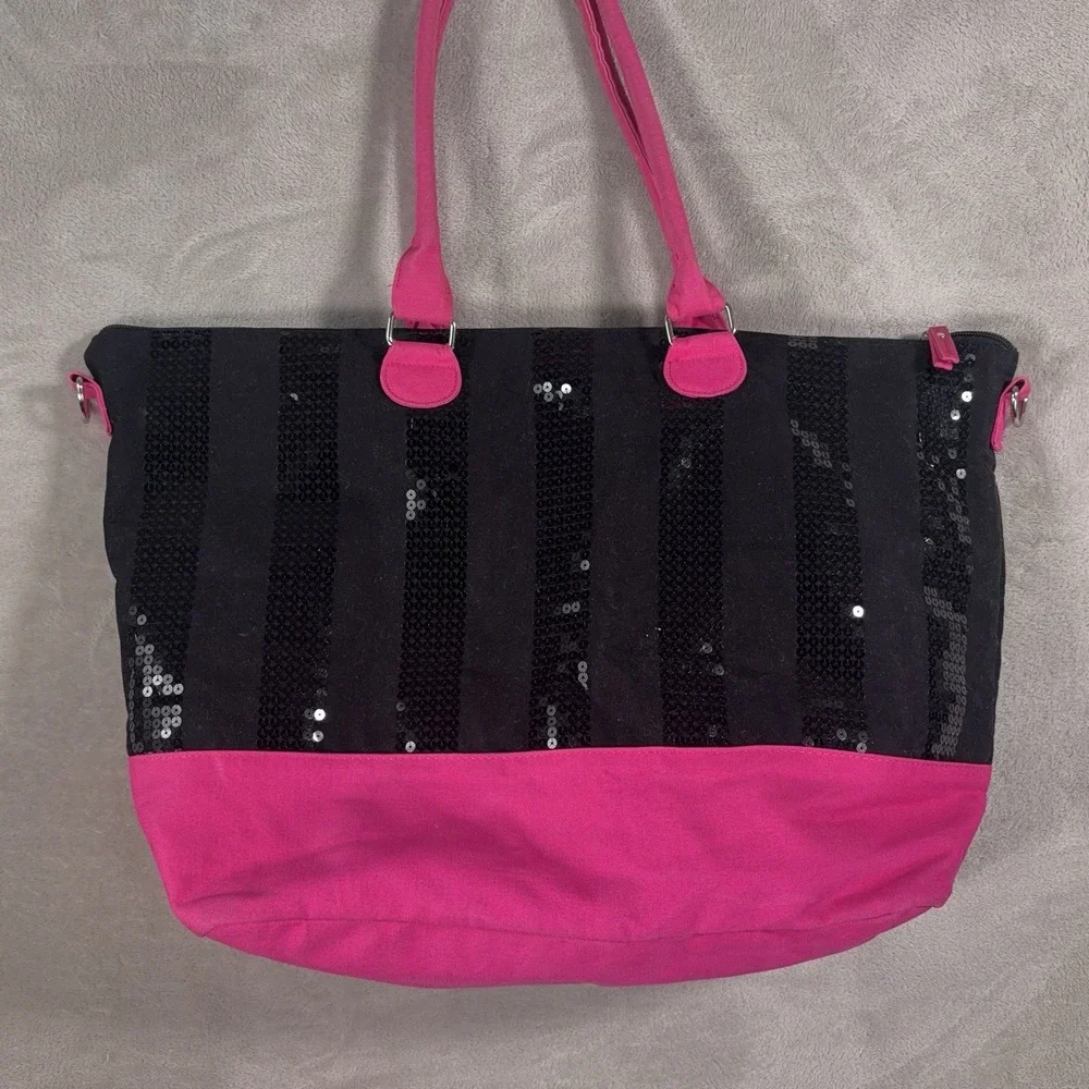 Victoria's Secret Tote Bag Womens Large Black Pink Sequin Weekender Travel Beach